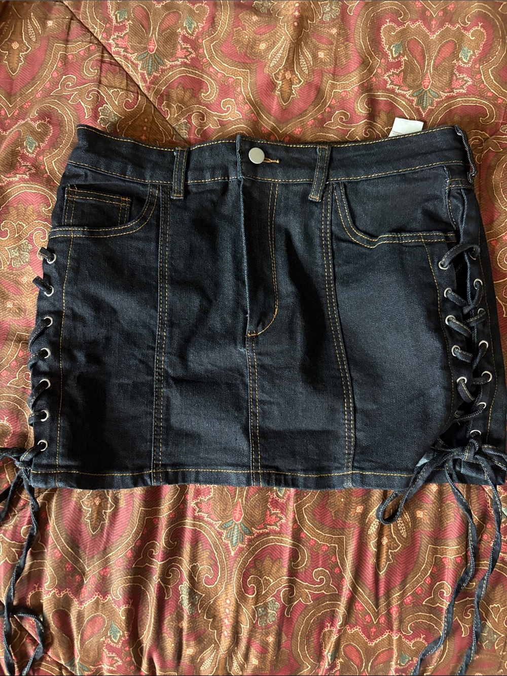 SHEIN Black Lace-Up Denim Mini Skirt with Side Ties